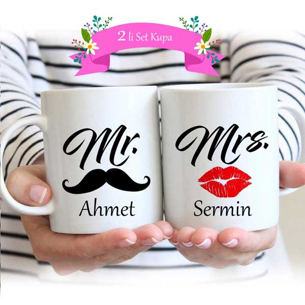 Çifltere Özel İsimli Mr Mrs Kupa Bardak