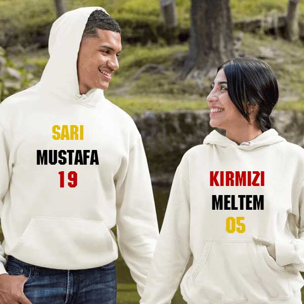 Çiftlere Özel İsimli Sarı Kırmızı Kapşonlu Sweatshirt