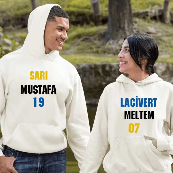 Çiftlere Özel İsimli Sarı Lacivert Kapşonlu Sweatshirt