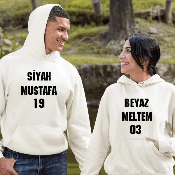 Çiftlere Özel İsimli Siyah Beyaz Kapşonlu Sweatshirt