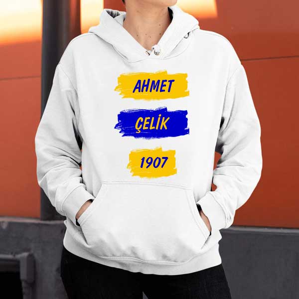 İsme Özel Sarı Lacivert Kapşonlu Sweatshirt